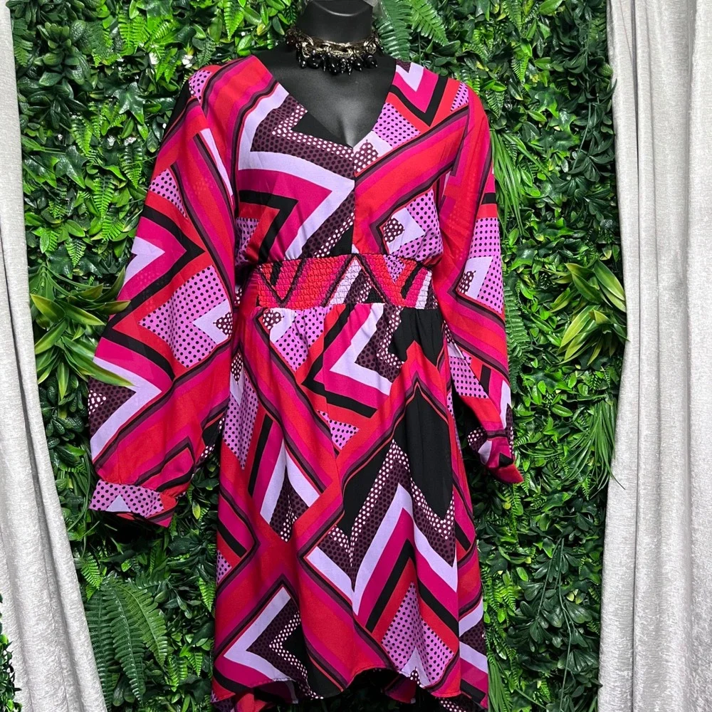 Ashley Stewart Dress Size 18/20 Pink Geometric Chevron High-Low V-Neck Boho 3778 - Picture 3 of 7